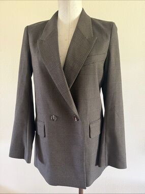 H&M Double-Breasted Brown Gray Plaid Blazer Jacket - XS